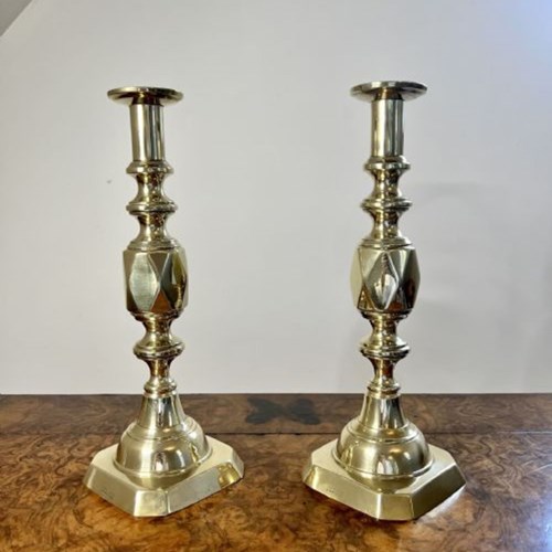 Large Pair Of Antique Victorian Quality Brass Ace Of Diamonds Candlesticks 