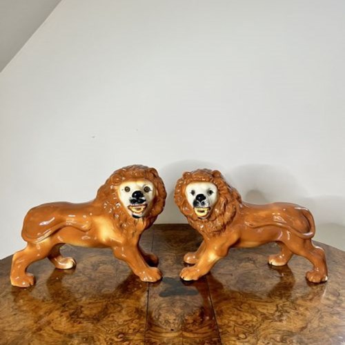 Large Pair Of Antique Victorian Staffordshire Lions 