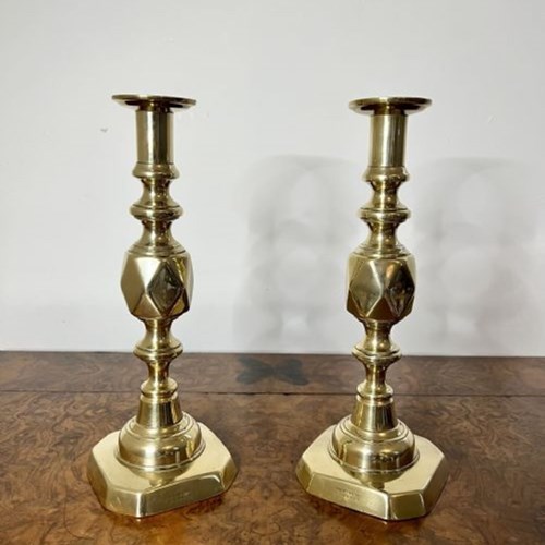 Large Pair Of Antique Victorian Quality Brass Candlesticks King Of Diamonds