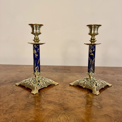 Unusual Quality Pair Of Antique Victorian Brass And Porcelain Candlesticks 