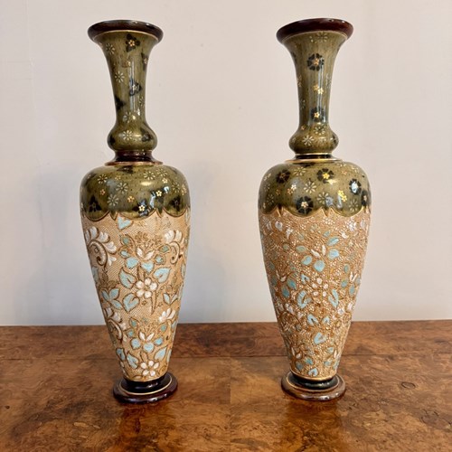 Elegant Quality Pair Of Antique Doulton Lambeth Vases 