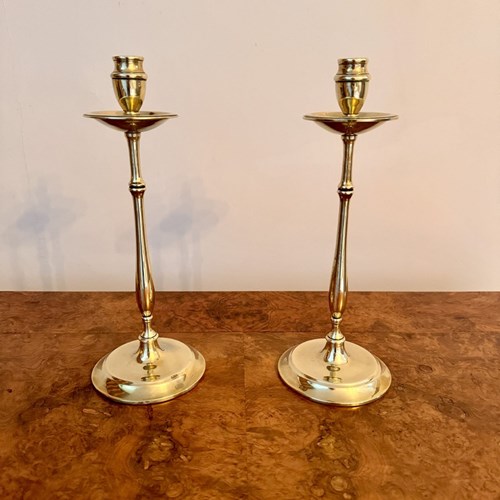 Quality Pair Of Slender Antique Brass Candlesticks