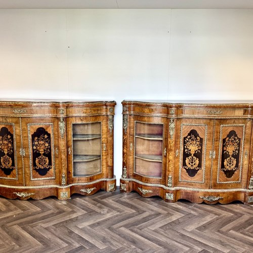 Exceptional Quality Pair Of Antique Victorian Walnut Marquetry Inlaid Credenzas 