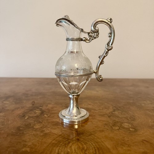 Fine Quality French Antique 19Th Century Silver & Glass Ewer 