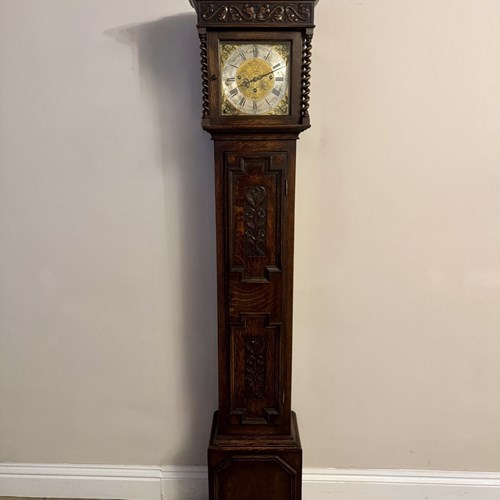 Fine Quality Antique Edwardian Oak Triple Weight Chiming Grandmother Clock