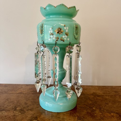 Pretty Quality Large Antique Victorian Turquoise Glass Lustre 
