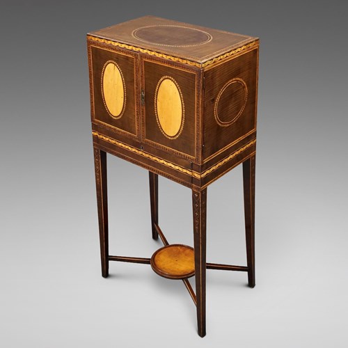 A Fine Sheraton Period Harewood & Inlaid Cabinet On Stand