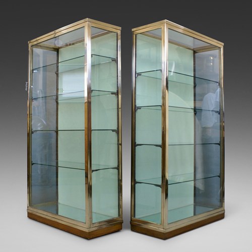 A Superb Pair Of 1920'S Brass Shop Display Cabinets.