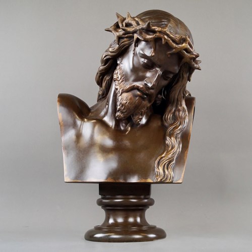  A Very Large French Patinated Bronze Bust Of Jesus Christ