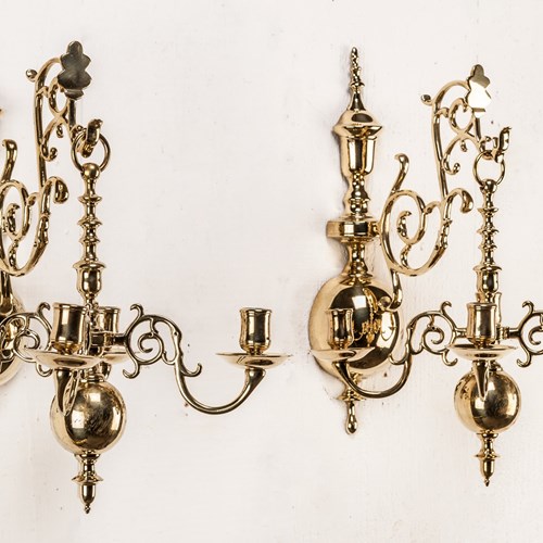 Pair Of Four-Arm Brass Chandeliers