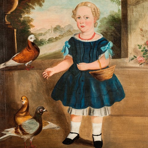 Large Naive Painting Of Child Feeding The Pigeons