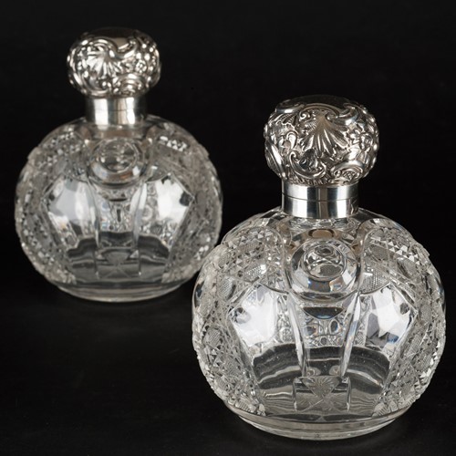 Pair Of Diamond Jubilee Silver And Cut Glass Scent Bottles