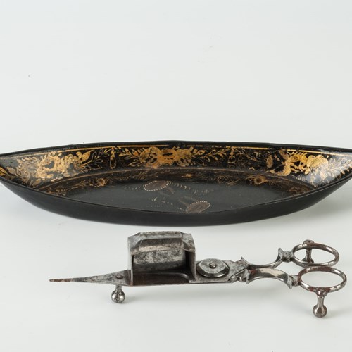 Toleware Snuffer Tray And Steel Snuffers