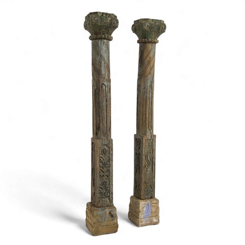 Pair Of Hardwood Carved And Weathered Columns Circa 1930 From India