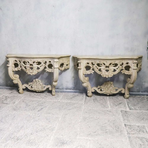 Pair Of 1930S French Hand-Carved Wall Console Tables In Antique White Finish