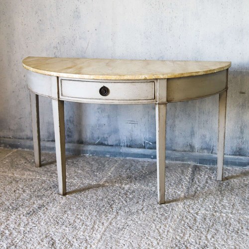 18Th Century Georgian Demi-Lune Console Table With Drawer - Faux Marble Top