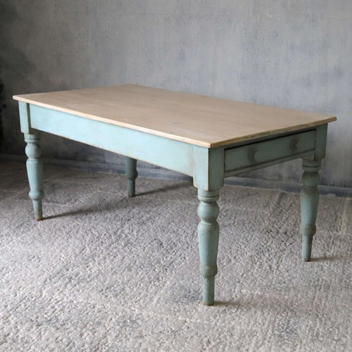 Mid 19Th Century Pine Farmhouse Table: Scrubbed Top - Later Painted Base - Singl