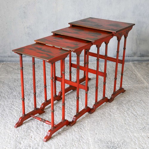 Antique Chinoiserie Red Lacquer Nest Of 4 Tables Circa 1900