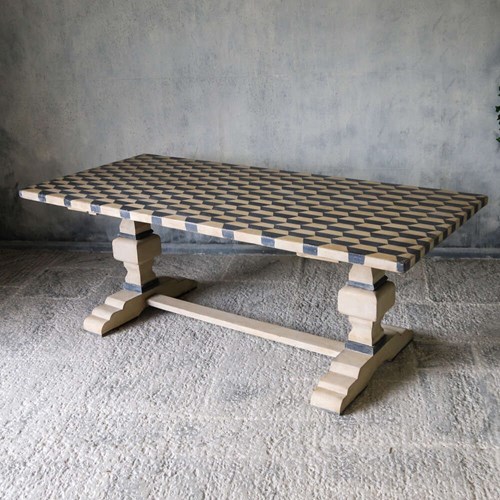 French Mid 20Th Century Refectory Farmhouse Style Table - Later Geometric Paint