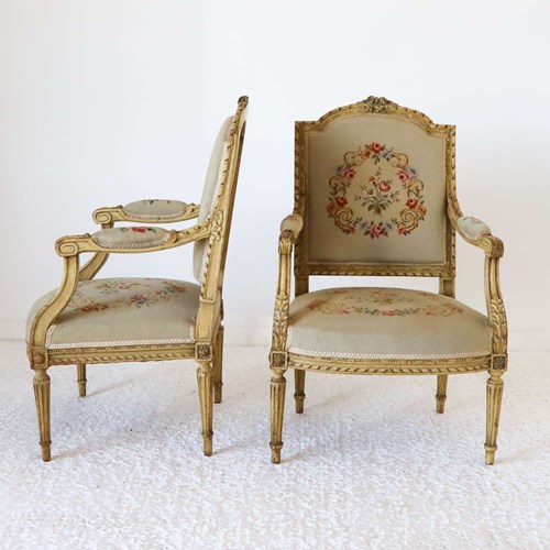 1900 French Louis XVI Style Painted Chairs Petite Point Upholstery