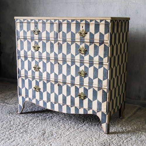 Georgian Straight Fronted Chest Of Drawers With Later Hand-Painted Geometric 