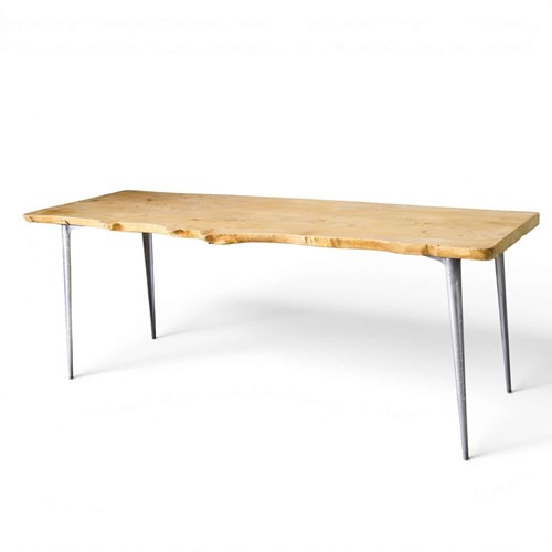 Mid-Century Live Edge Solid Elm Console Table / Desk On Metal Hairpin Legs