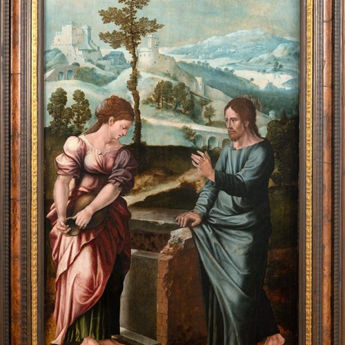 16TH C Flemish Oil - Christ And The Samaritan Woman At The Well