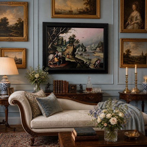 17Th C. Flemish Oil Hunting Scene - The Conversion Of St Hubert 