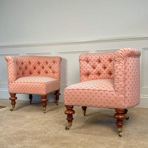 Small Pair Of 19Th C Upholstered Oak Corner Chairs