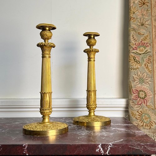 Striking Pair Of 19Th C Ormolu Candlesticks