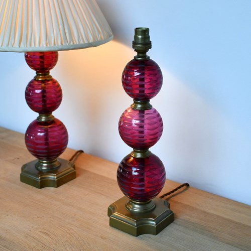 A Pair Of Cranberry Glass - Table Lamps