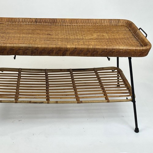 Mid-Century French Bamboo And Rattan Table On Metal Stand